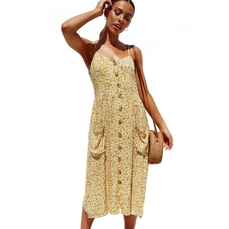 - Women's Dress Sexy Spaghetti Strap V-Neck Sleeveless Leopard Floral Solid Printed Single-Breasted Midi Dresses with Pockets