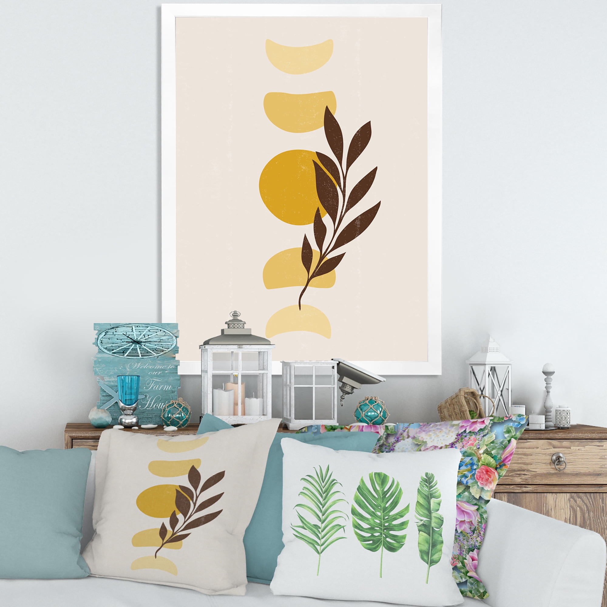 Designart 'Abstract Geometrical Moon and Sun With Leaf VII' Modern Framed Art Print