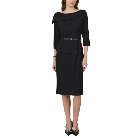 INSPIRE CHIC Women's 3/4 Sleeve Pencil Dress Lapel Boat Neck Office Work Knee Length Dresses with Belted S Black