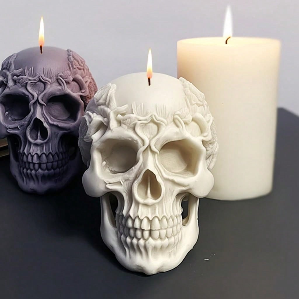 3 Pcs 3D Rose Flower Skull Candle Molds, Flexible Silicone Skull Head Molds, Ghost Mold Candle Making Molds, Reusable Silicone Molds for DIY Candle Wax Resin Soap