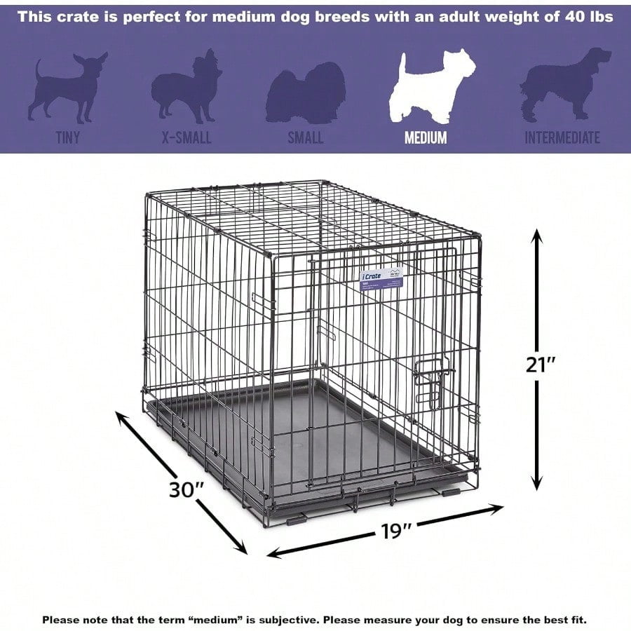 30Inch iCrate Folding Dog Crate with Divider Panel LeakProof Tray Secure Latches Metal Wire Kennel for Medium Breeds Portable Durable Easy to Assemble