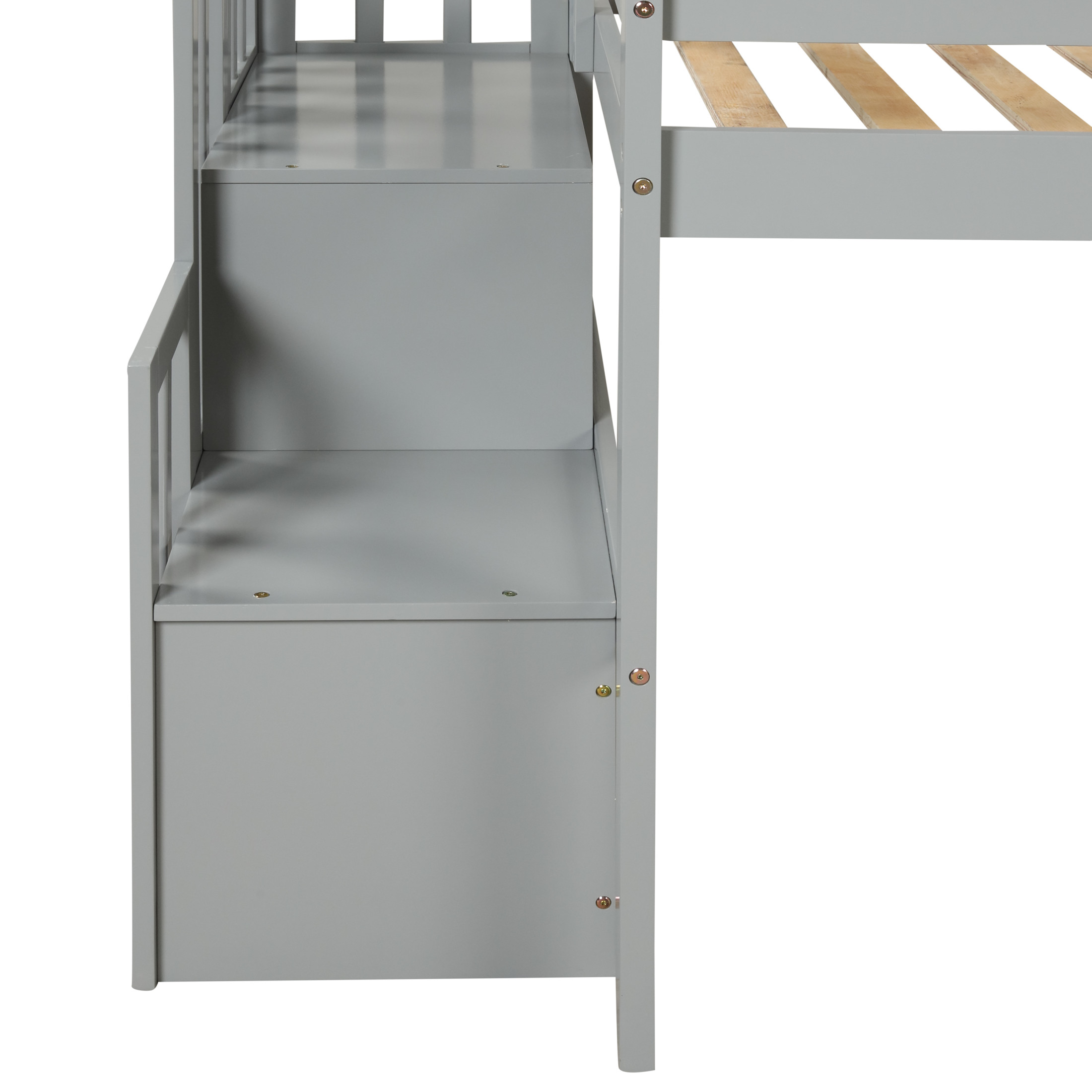 Noble House Brooke Twin Loft Bed, Pine Wood Frame with Staircase Storage, Space-Saving Play Area, Grey