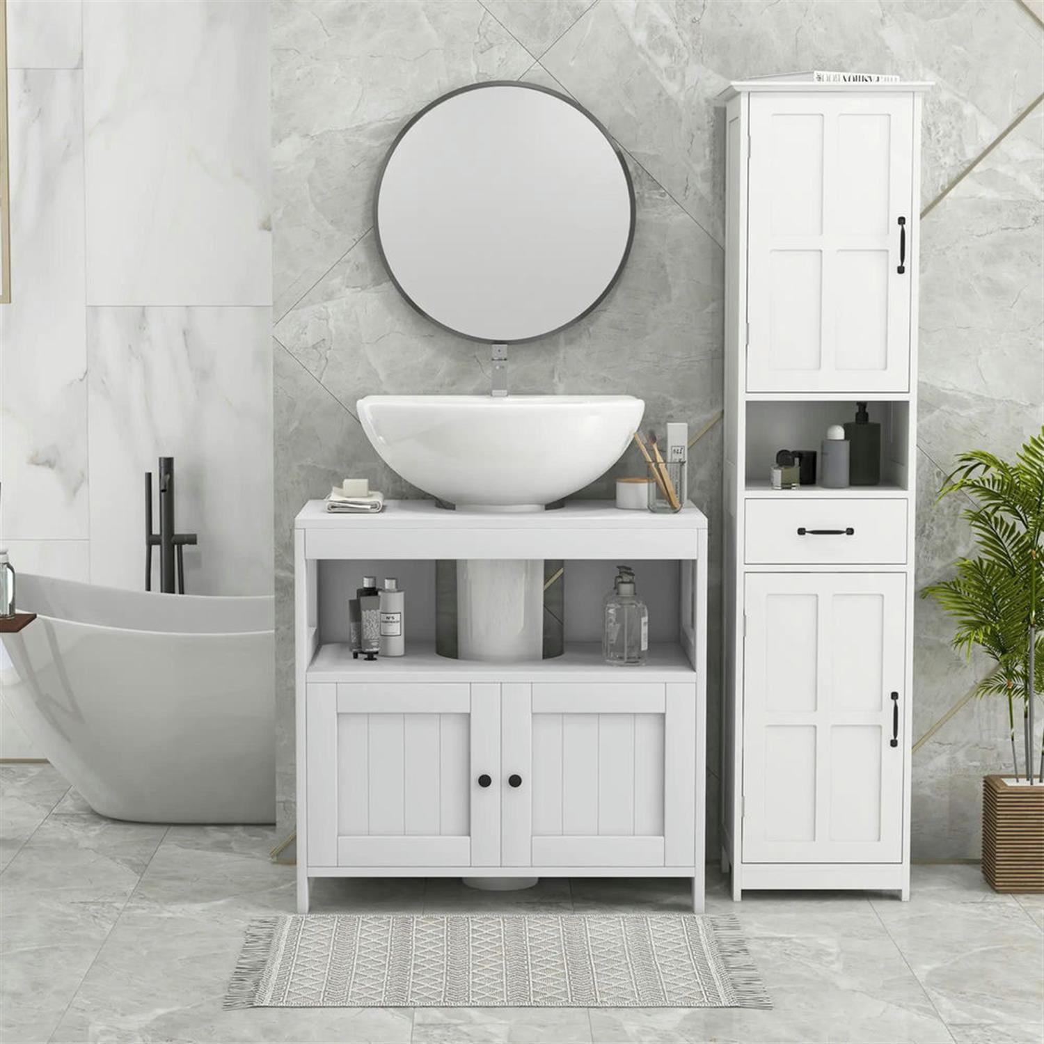 Demi Bonn 23" Modern Bathroom Vanity with U-Shape Cut-Out and Open Shelf, Pedestal Sink 2-Door Cabinet, Under Sink Cabinet, White