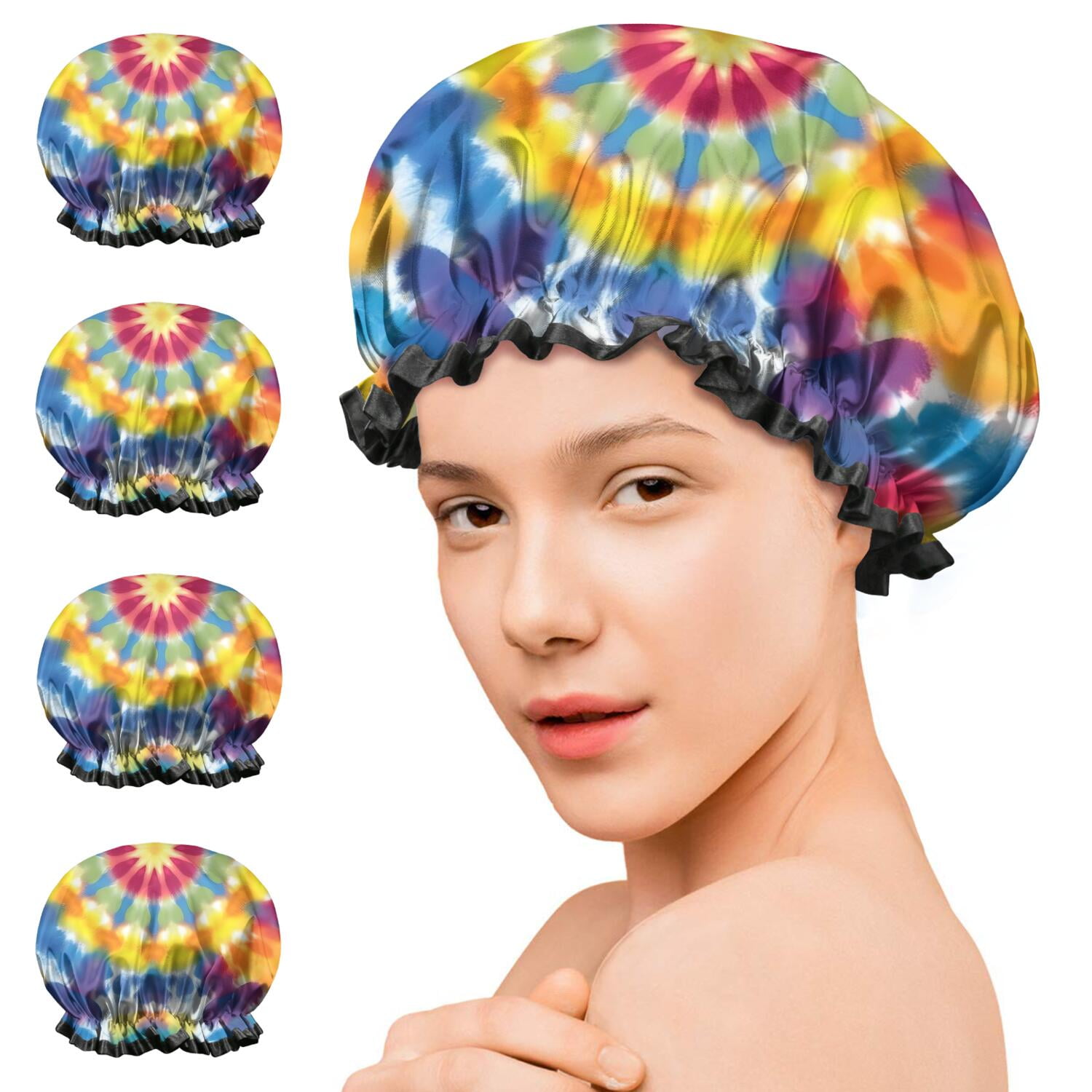 Shower Caps,Colorful Rainbow Tie Dye Spiral Pattern Waterproof Shower Cap for Women 4 Pieces,Double Reusable Hair Cover for Shower PEVA Elastic Stretch Hem