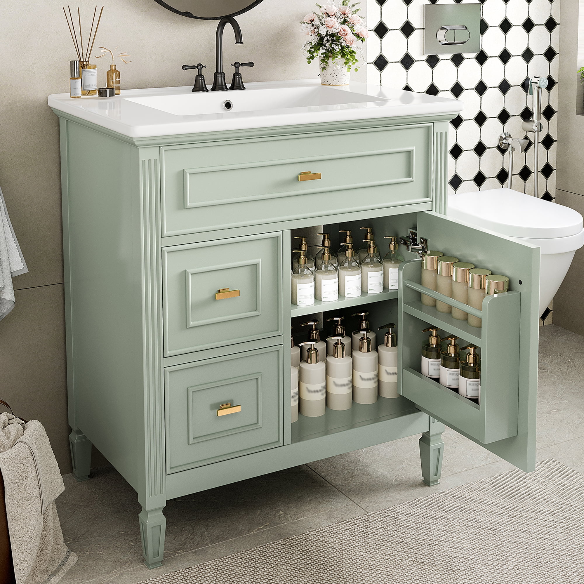 Euroco Bathroom Vanity with Ceramic Sink, Flip Drawer & Ample Storage, Solid Wood Frame with Soft-Close Drawers, 4" Widespread Faucet Compatible
