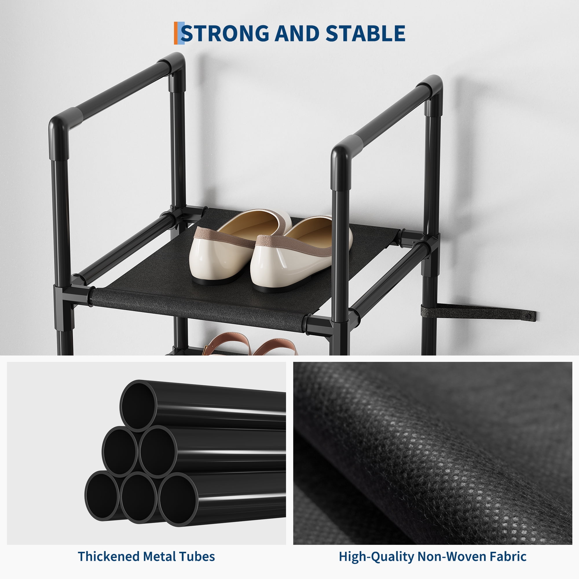 PYY 10-Tier Metal Shoe Rack Organizer – Space-Saving Tall Vertical Storage Stand – Removable Fabric Shelves – Sturdy Narrow Design for Entryway, Closet, Living Room and Home Office – 330*330*1730mm