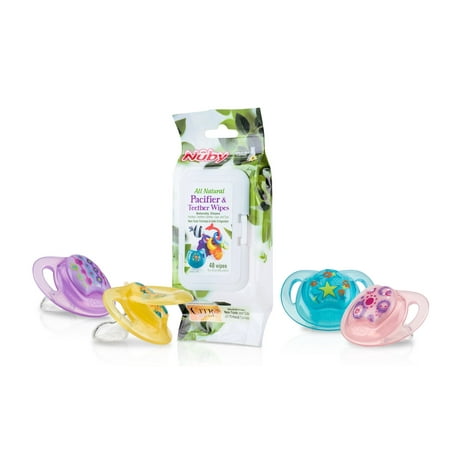 Nuby 4 Pk Comfort Pacifiers 0-6 Months & 48 Ct Citroganix Paci & Teether Wipes - Girl Assortment