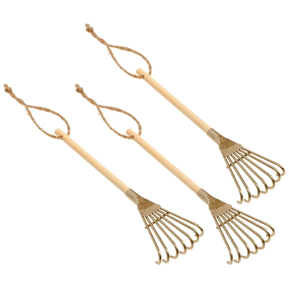 Miniature Wooden Rake Ornament: 3Pcs Zen Garden Rakes Sand Table Tools Tiny House Furniture Accessory Hanging Decor Golden