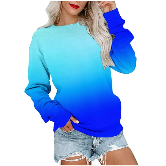 TIMIFIS Chandail Dégradé Bleu pour Femmes, Décontracté, Ample, à Manches Longues, Chandail à Enfiler, Mode, Col Rond, Confortable, Chandails pour Dames
