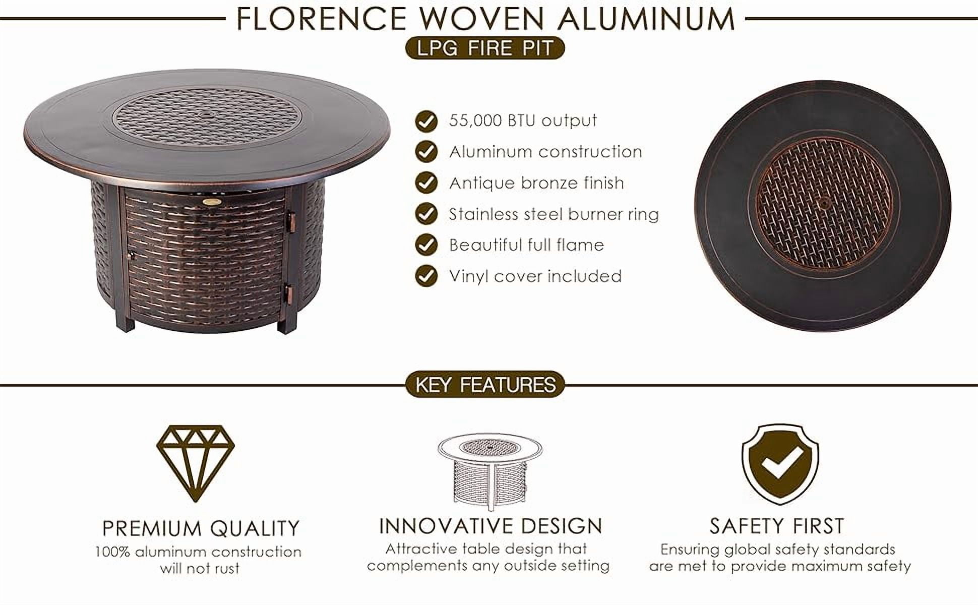Fire Sense Florence Woven Aluminum Gas Fire Pit Table with Fire Bowl Lid-Antique Bronze-Round 44"