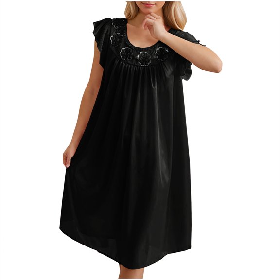 Hrsba Plus Size Ice Silk Nightgown Short Sleeve Mid Length Breathable Loose Lightweight Summer Women Sleep Dress