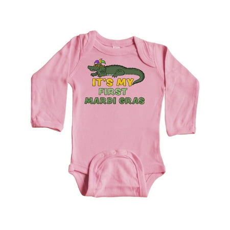 

Inktastic It s My 1st Mardi Gras Crocodile with Hat Gift Baby Boy or Baby Girl Long Sleeve Bodysuit
