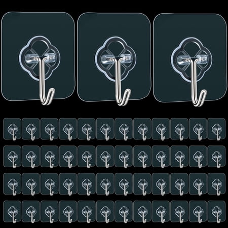 UYWZQ-Adhesive Wall Hooks for Hanging 50 Pack Heavy Duty Stainless Self Sticky Hooks Waterproof and Rustproof Clear Self Adhesive Utility Hooks for Bathroom Kitchen Office Outdoor Inside Wardrobe T