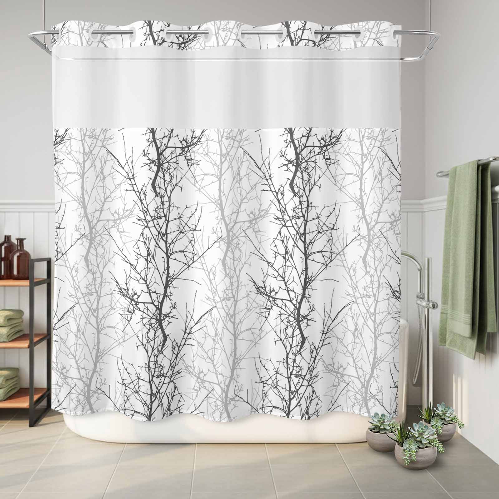 No Hook Shower Curtain, Black Gray Waterproof Fabric Shower Curtains for Bathroom, Pastoral Botanical Branch Aesthetics Standard Bathroom Curtain with Mesh Top Window for Home Hotel Bathtub 72"x72"