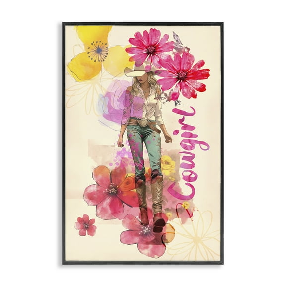 Stupell Industries Fancy Floral Cowgirl People Painting Black Framed Art Print Wall Art, 12 x 18