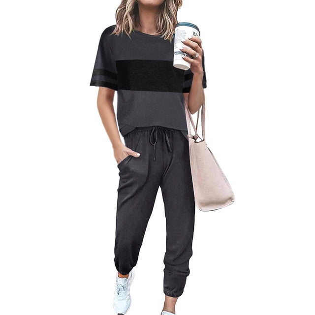 Conjunto Deportivo PRETTYGARDEN de Dos Piezas Pantalones Jogger a Rayas Gris Talla S