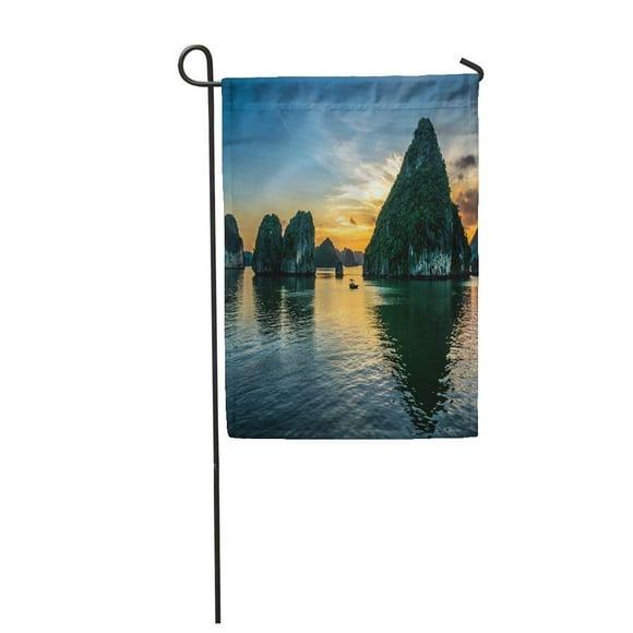 POGLIP Blue Dreamy Beautiful Sunset at Halong Bay Vietnam Green Landscape Garden Flag Decorative Flag House Banner 28x40 inch