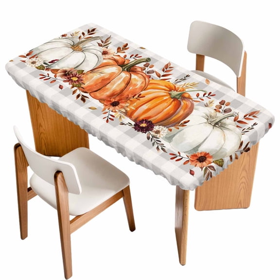 Orange Pumpkin Table Cloths for 3 Foot Rectangle Tables, Thanksgiving Fall Leaves Botanical Plaid Patio Waterproof Elastic Fitted Tablecloths, Washable Rectangular Table Cover for Camping