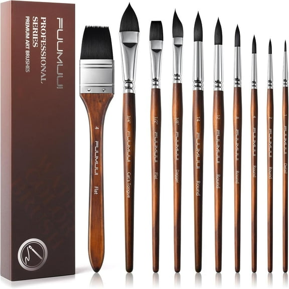 Watercolor Brushes Professional, Fuumuui 10Pcs Synthetic Squirrel Hair Paint Brush Set for Artists with Wide Flat, Round, Detail, Dagger, Cat's Tongue for Watercolor Gouache Inks Painting