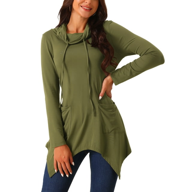 INSPIRE CHIC Blusa de Manga Larga con Cuello Cowl y Dobladillo Asimétrico con Bolsillos Verde Militar M