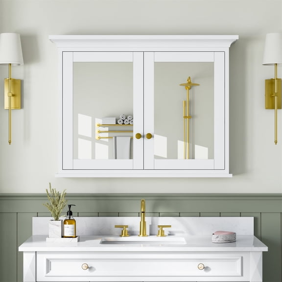 ANGELES HOME 40"x 30" Wall Mount Bathroom Mirror Cabinet, Wood Medicine Cabinet with Mirrors, Solid Wood Mirror Cabinet Storage with 4 Shelves and 2 Soft-Close Door