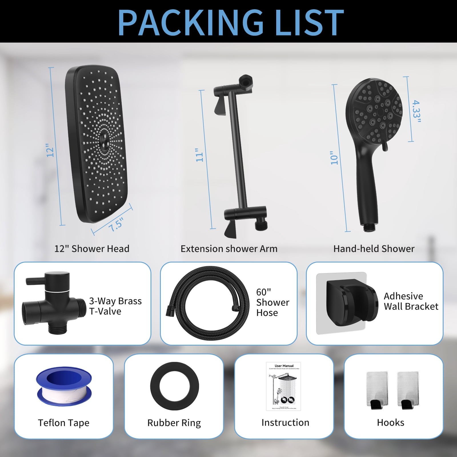 PHANCIR 12 Inch Rain Shower Head Combo, High Pressure Rainfall with Ajustable Extension Arm, 7 Modes Handheld Showerhead for Bathroom, Black