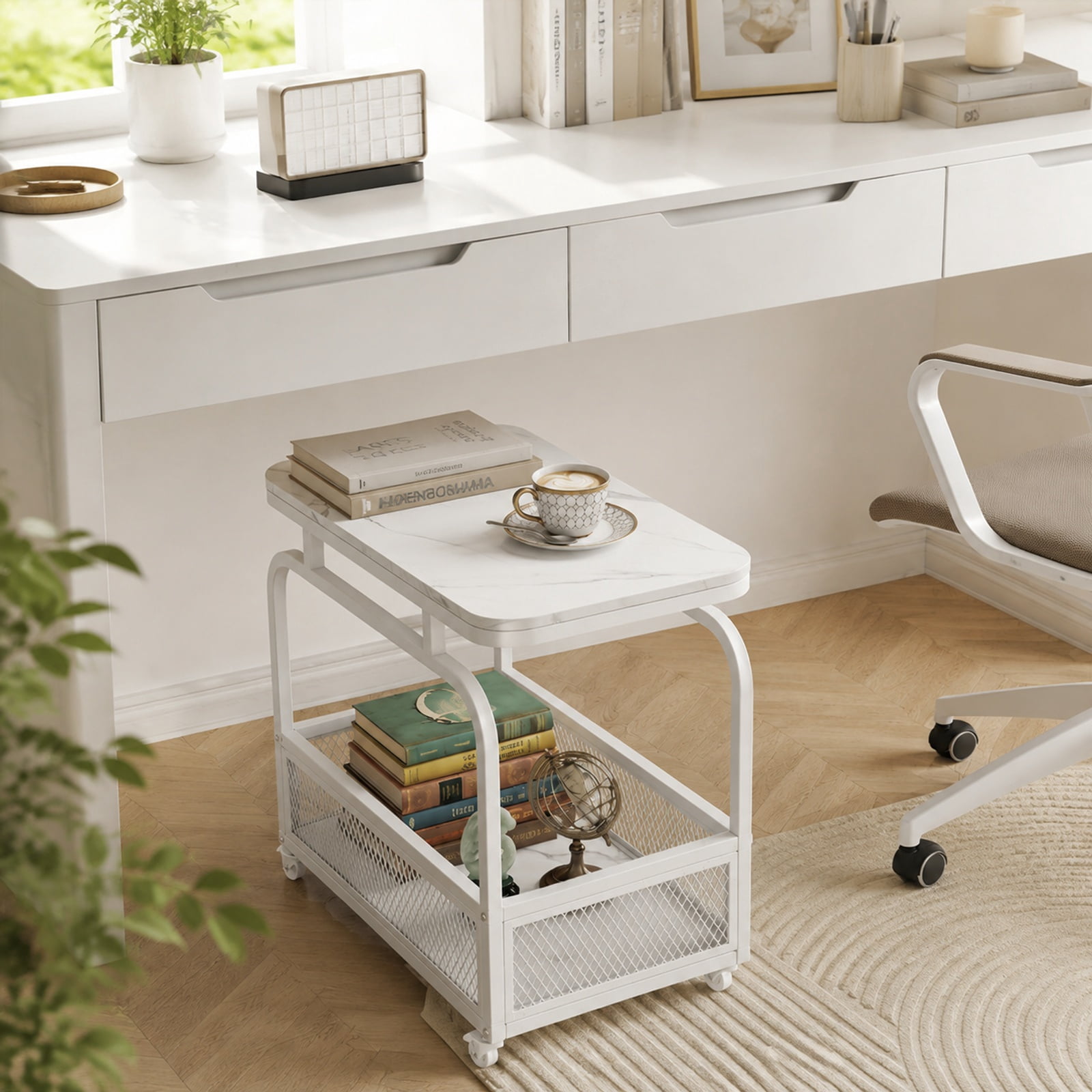 Furnibear Rolling Side Table 2 Tier Narrow End Table with Faux Marble Top and Mesh Storage Basket for Living Room Bedroom and Sofa Side, White