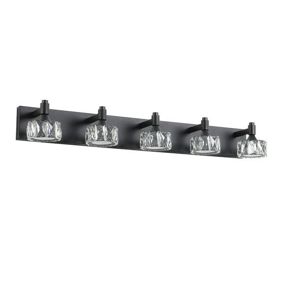 36" Modern 5-Light Matte Black Vanity Light - LED Bathroom Wall Sconce with Crystal Glass Shades, Dimmable 6000K Daylight for Mirror Lighting