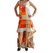 Mogul Womens Hi low Accents Dress Recycled Silk Ruffle Tiered Design Trendy Printed Flowy Strapless Bohemian Sundress