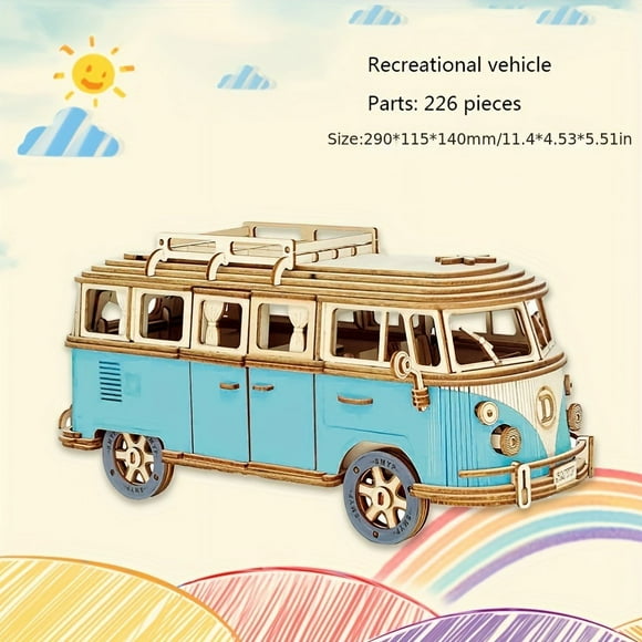 Blue Wooden Puzzle Camping Car, Wooden Car Model, Assembled 3d Three-