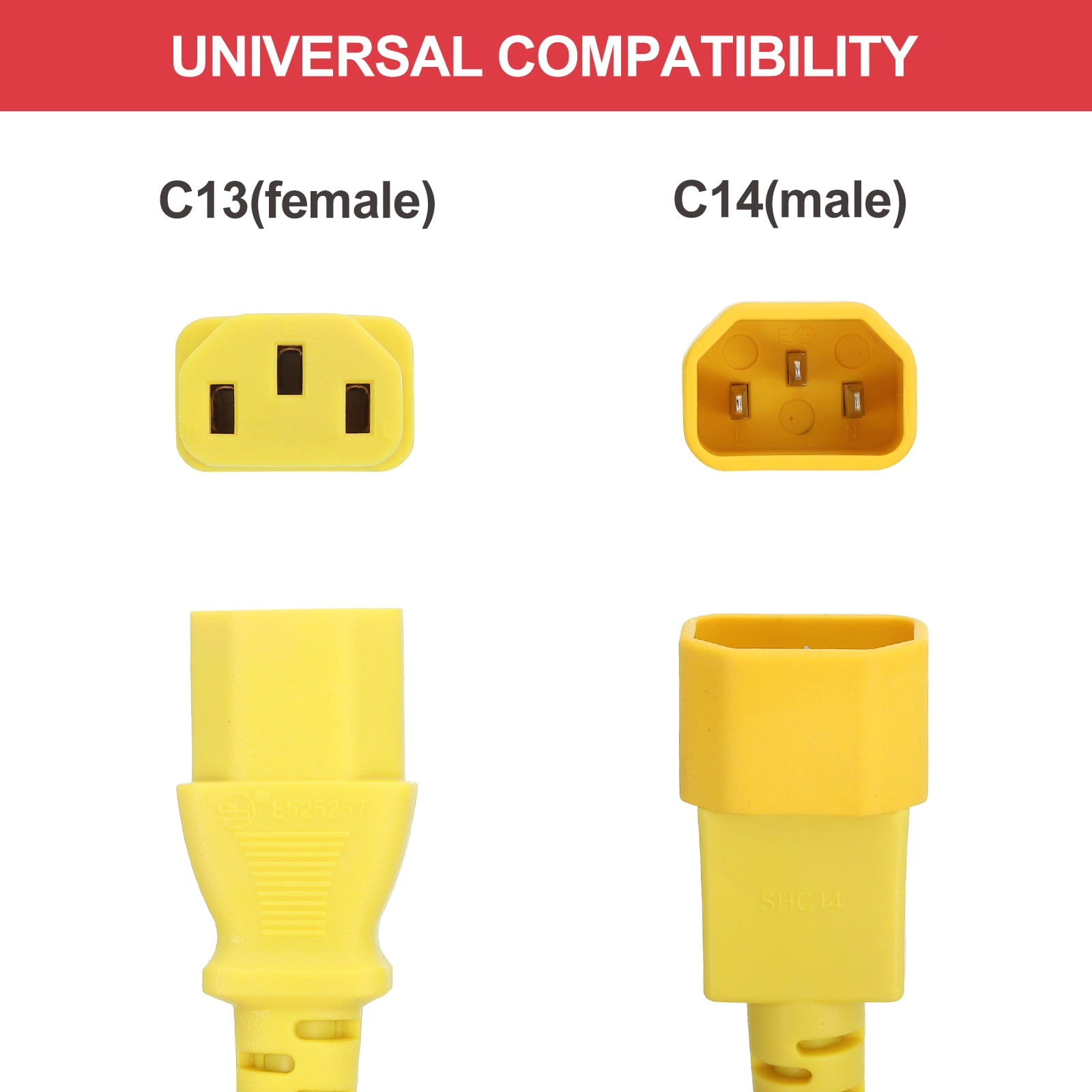 10ft 18 AWG Yellow 18/3 Universal Power Cord C14 to C13 10A 250V 3-Prong Extension PDU Power Cables