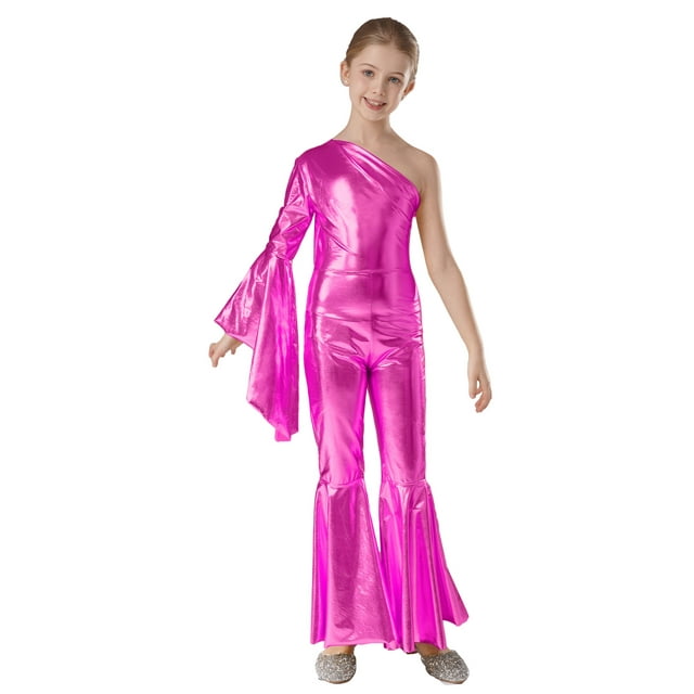 Kaerm Combinaison de Danse Jazz pour Filles une Épaule Manches Robe de Bal Rose Vif 8