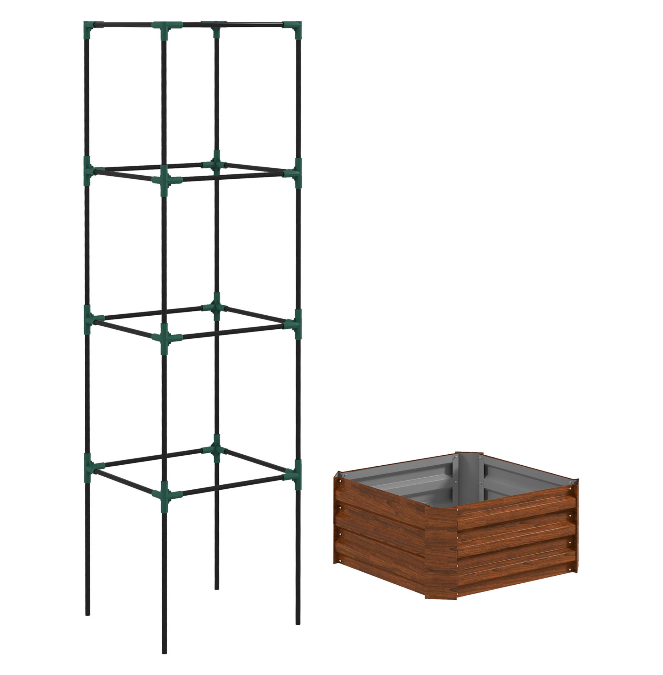 Outsunny Galvanized Raised Garden Bed, 24" x 24" x 11.75" Outdoor Planter Box with Trellis Tomato Cage and Open Bottom for Climbing Vines, Vegetables, Flowers in Backyard, Garden, Patio, Brown