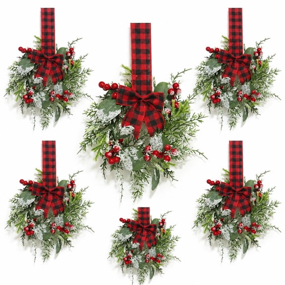 BWFZHDH 6-Pack 12-Inch Small Christmas Wreaths, Mini Hanging Wreath Set with Ribbon Bows for Kitchen Cabinets, Windows, Doors and Christmas Decorations