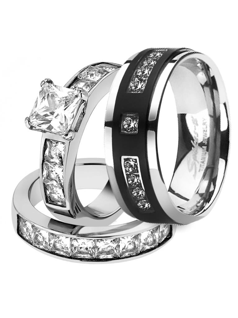 Marimor Jewelry Hers And His Wedding Ring Set - Stainless Steel Princess Cut & Titanium Band With CZ Stones