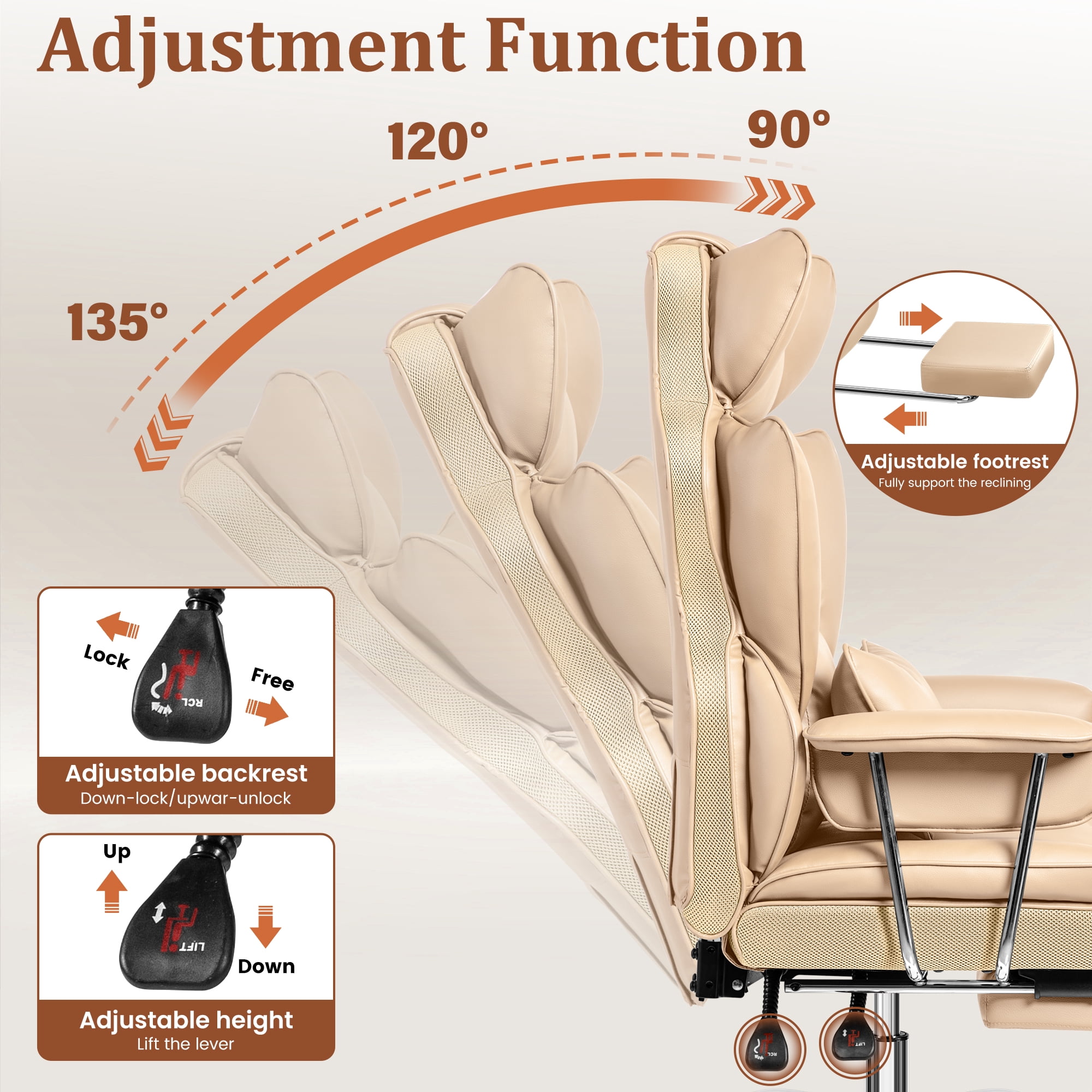 COOLHUT Big and Tall Office Chair 500LBS Wide Seat Ergonomic Computer Desk Chair, PU Leather Executive Office Chair with Footrest, Adjustable Task Chair Lumbar Back Support 8 Hour, Khaki