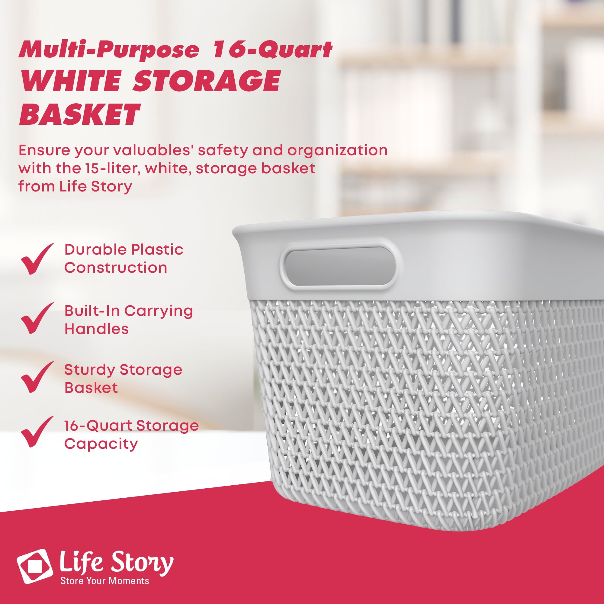 Life Story 16 Quart Decorative Storage Basket, Large Plastic Home Organizer, White
