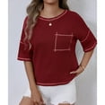 thumbnail image 6 of Women Waffle Knit Tops 2025 Summer Crew Neck Short Sleeve Shirts Casual Trendy Loose Fit Blouses Basic Tee (XL, Wine), 6 of 6