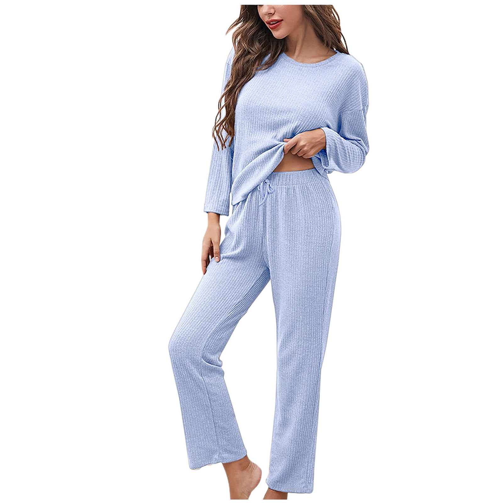 RQYYD On Clearance Women's Sweater Sets Fall Rib Knit 2 Piece Outfit sets  Long Sleeve Pullover Sweater Top and Drawstring Long Pants Tracksuit Blue M  - Walmart.com