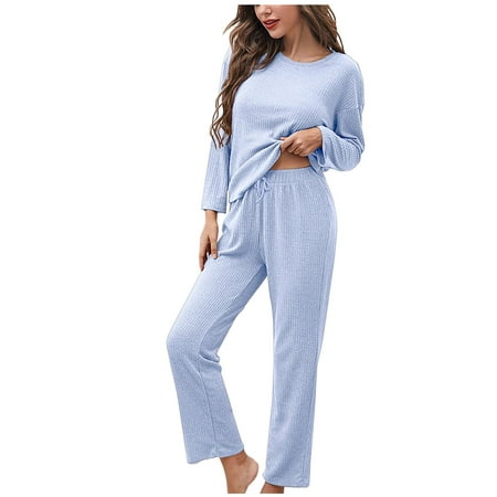 

Women s Two Piece Pajamas Set Long Sleeve Crewneck Tops with Drawstring Pants Soft Lounge Sleepwear PJs Solid Comfy Loungewear