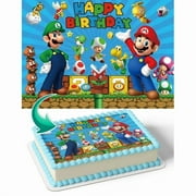 Happy Birthday Mario Luigi Yoshi Super MarioBro Edible Image Cake Topper For Half Sheet Cake By TNCT