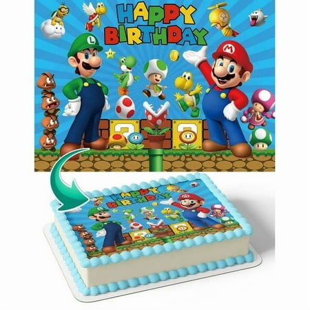 Happy Birthday Mario Luigi Yoshi Super MarioBro Edible Image Cake Topper For Quarter Sheet Cake By TNCT