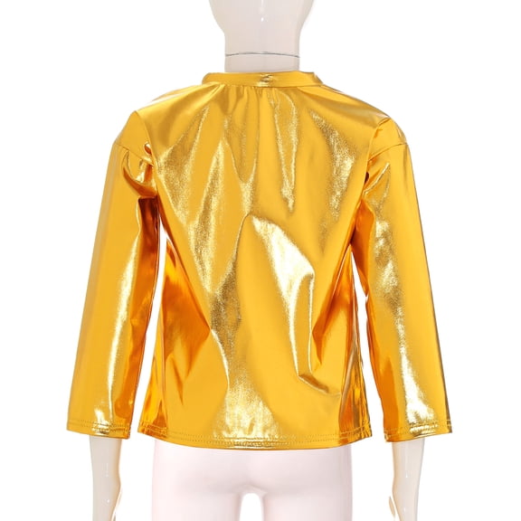 iiniim Girls Long Sleeve T-Shirt Shiny Metallic Dance Performance Tee Holographic Party Tops Dancewear Gold 2-3