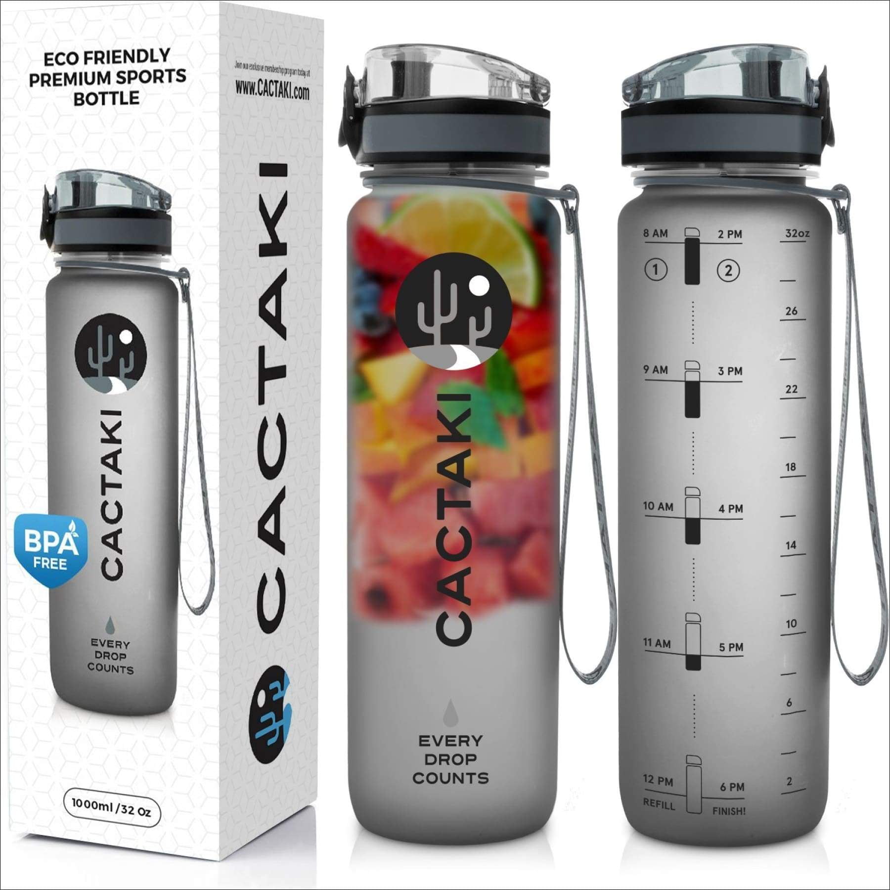 Cactaki Water Bottle with Time Marker, Large BPA Free Water Bottle, Non