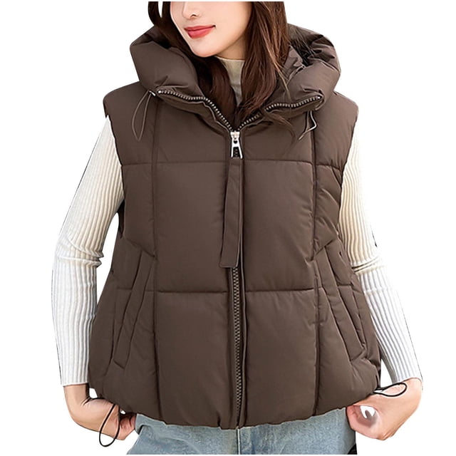 Économies d'Automne/hiver! srobpty Manteau Matelassé à Manches Longues pour Femmes, Veste à Capuche Décontractée Colorée à Manches Longues pour Dames Café, TG