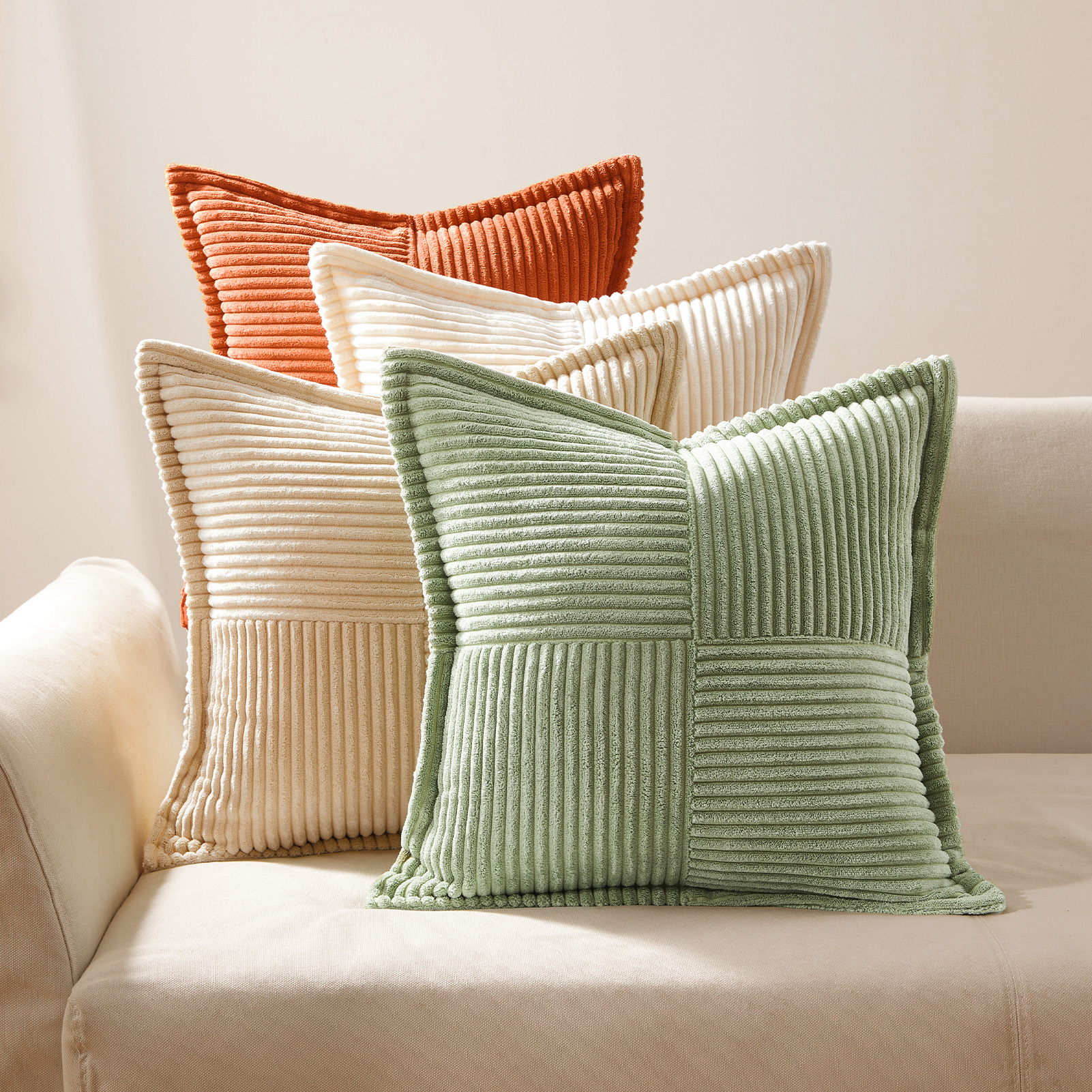 Topfinel 16" x 16" Wide Side Pillowcase,Corduroy Decorative Textured Pillow Cover, Cream,Set of 2