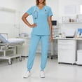 thumbnail image 6 of YgkuHd Women's Casual Solid Color Scrubs Set – Loose Fit V-Neck Short Sleeve Top with Side Slits & Pockets, Jogger Drawstring Pants, Healthcare Nursing Uniform, Sizes S-XXL,Light Blue_S, 6 of 9