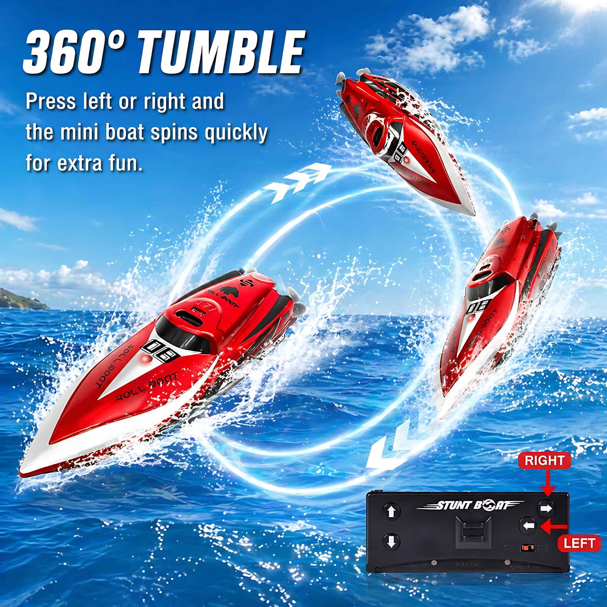 Mini RC Boat 2.4Ghz Remote Control Speedboat for Pools and Lakes 360° Rotating Stunt Water Toy for Kids Boys Girls, Red