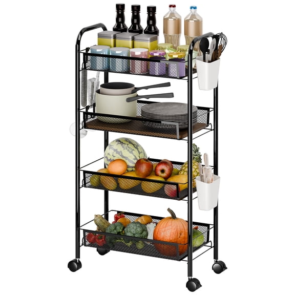 Baellsa Fruit Vegetable Storage Basket, 4 Tier Stackable Metal Mesh Storage Basket with 360 Degree Wheels, Fruit Vegetable Produce Basket Storage Organizer for Kitchen, Pantry, Bathroom
