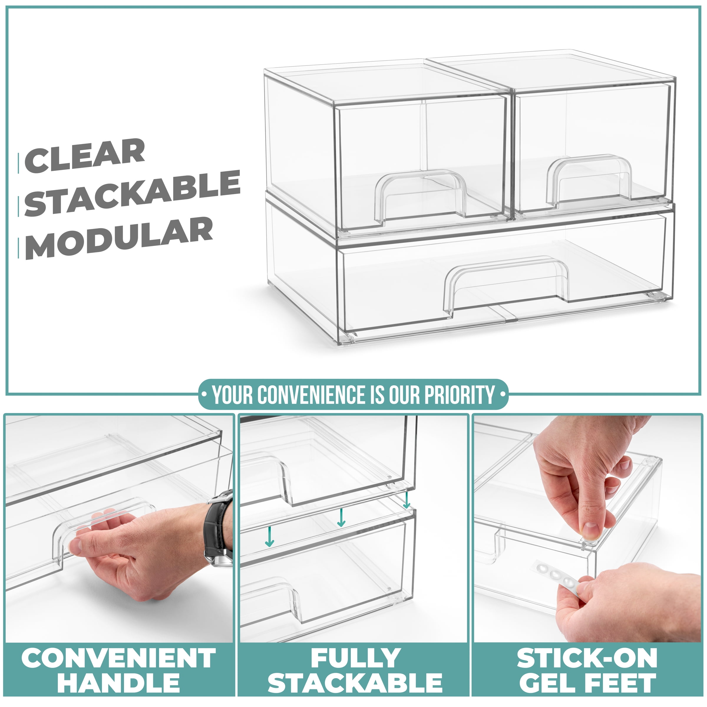 Sorbus Small & Wide Stackable Acrylic Storage Drawers, Clear Baby Organizer Bins, 3-Pack